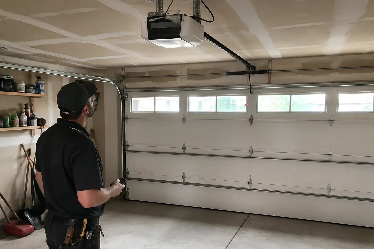 A person looks at an overhead opener above a closed garage door with a row of windows. — Garage Door Opener Replacement, Hamilton
