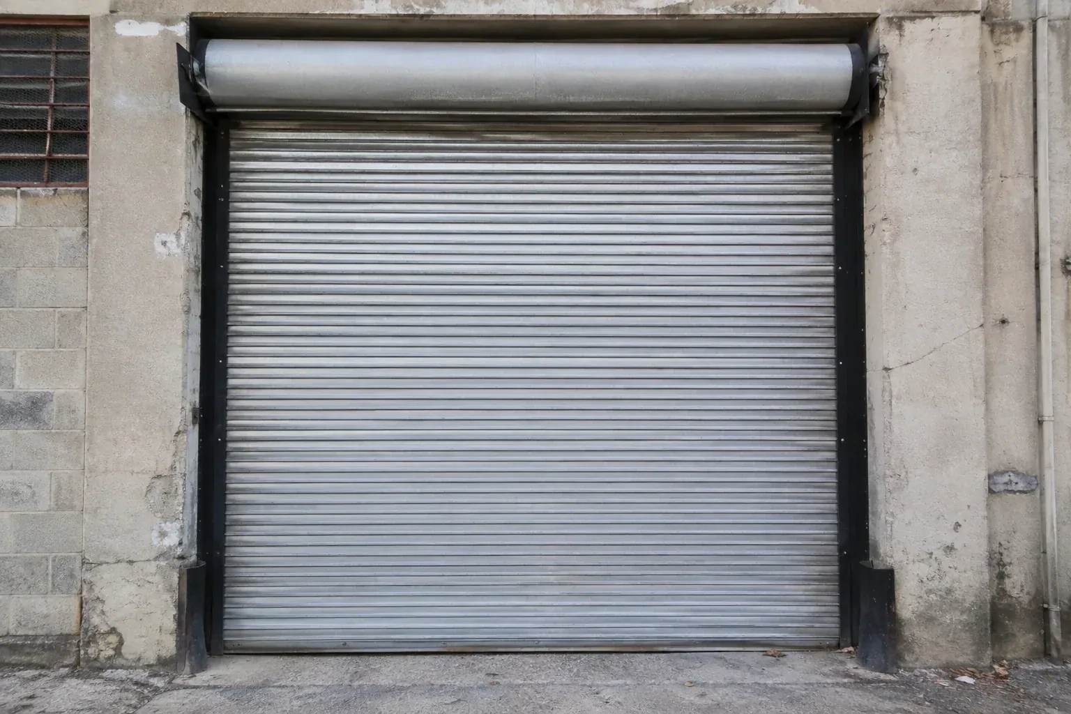 Closed metal rolling shutter in a weathered warehouse opening. — Commercial Rolling Door Repair, Hamilton