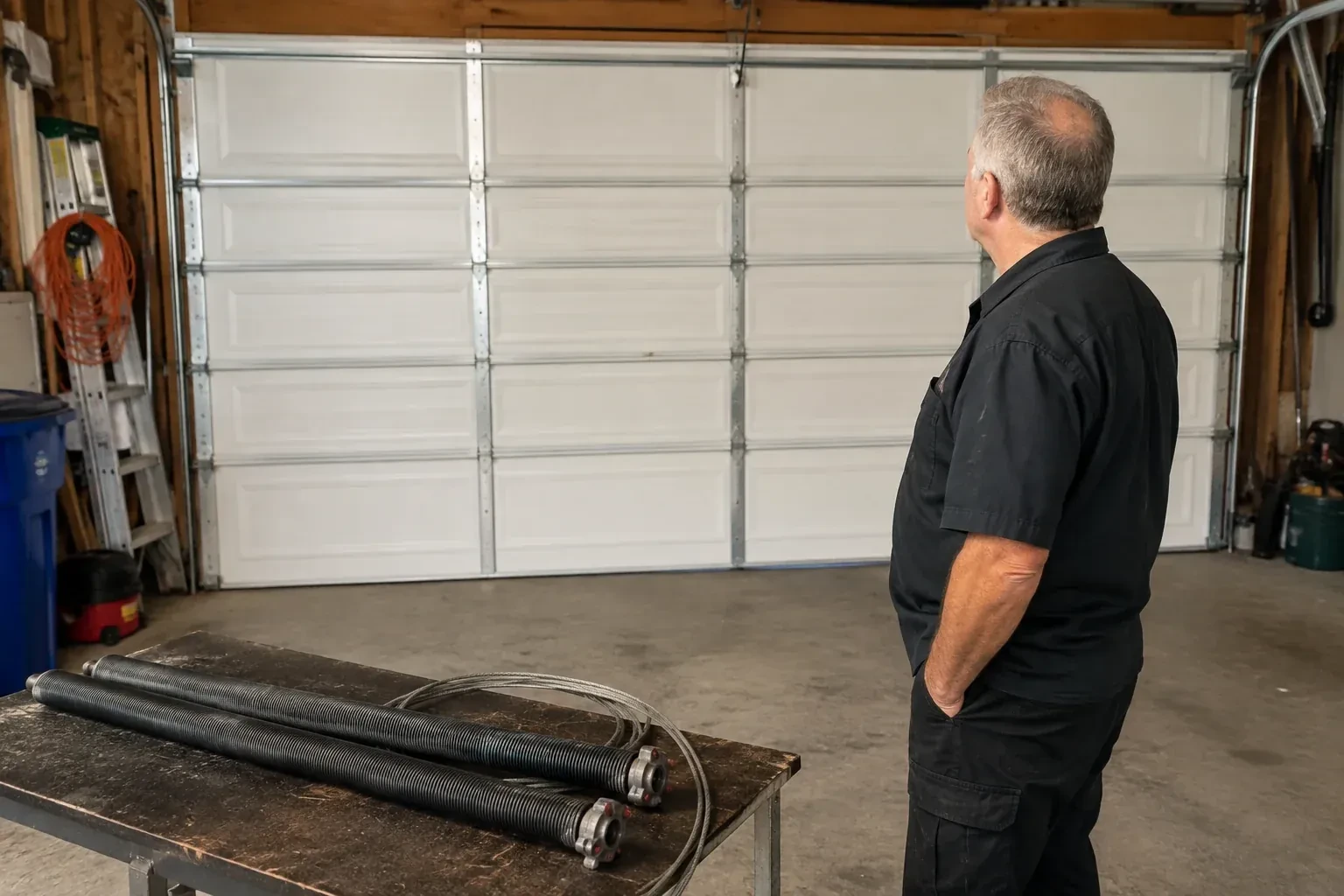 Detached coil springs with end fittings and a cable rest on a bench in front of a closed garage door. — Torsion Spring Replacement, Hamilton