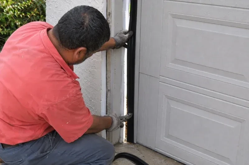 Gloved person holding a black strip along the side of a sectional garage-door opening — Garage Door Perimeter Weatherstrip, Hamilton