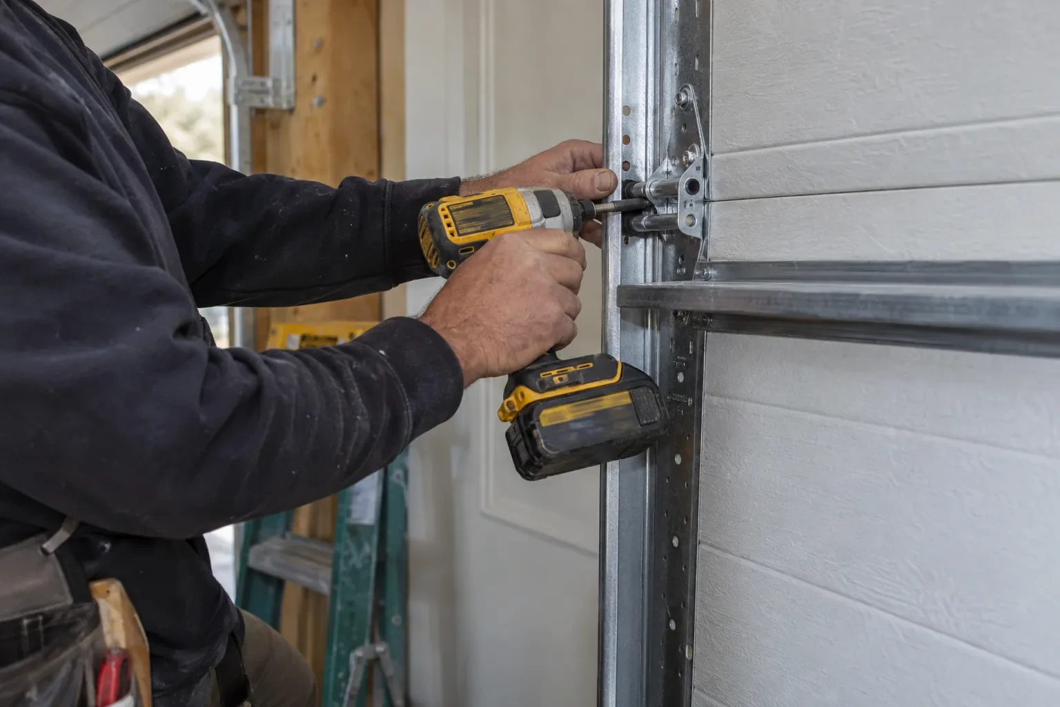 Hands driving a screw with a yellow cordless impact driver into a perforated steel track beside a white garage door panel. — Pleasant Valley