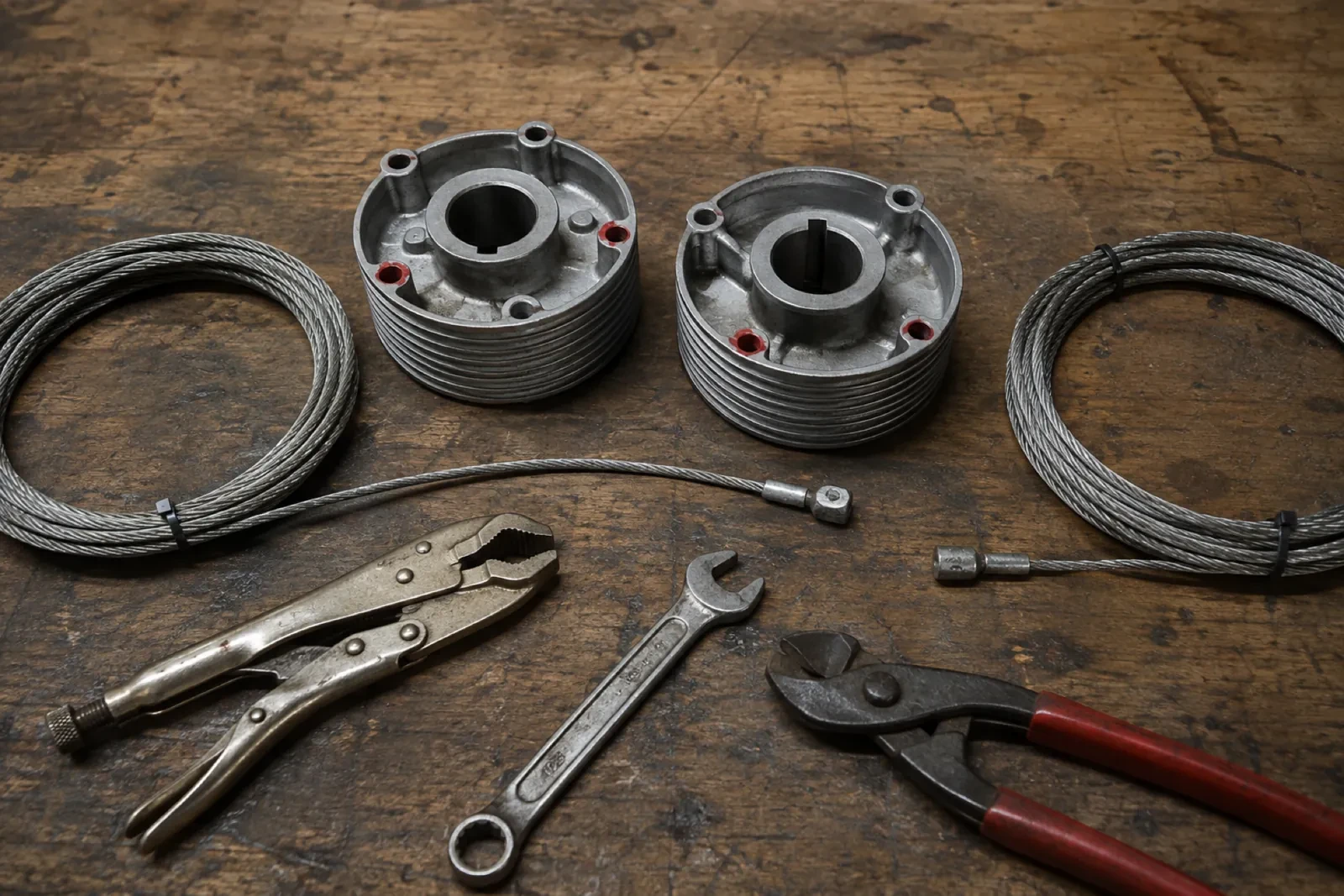 Pair of cast metal cable drums, two coiled steel cables, locking pliers, a combination wrench and red-handled cutters on a wooden bench. — Maywood