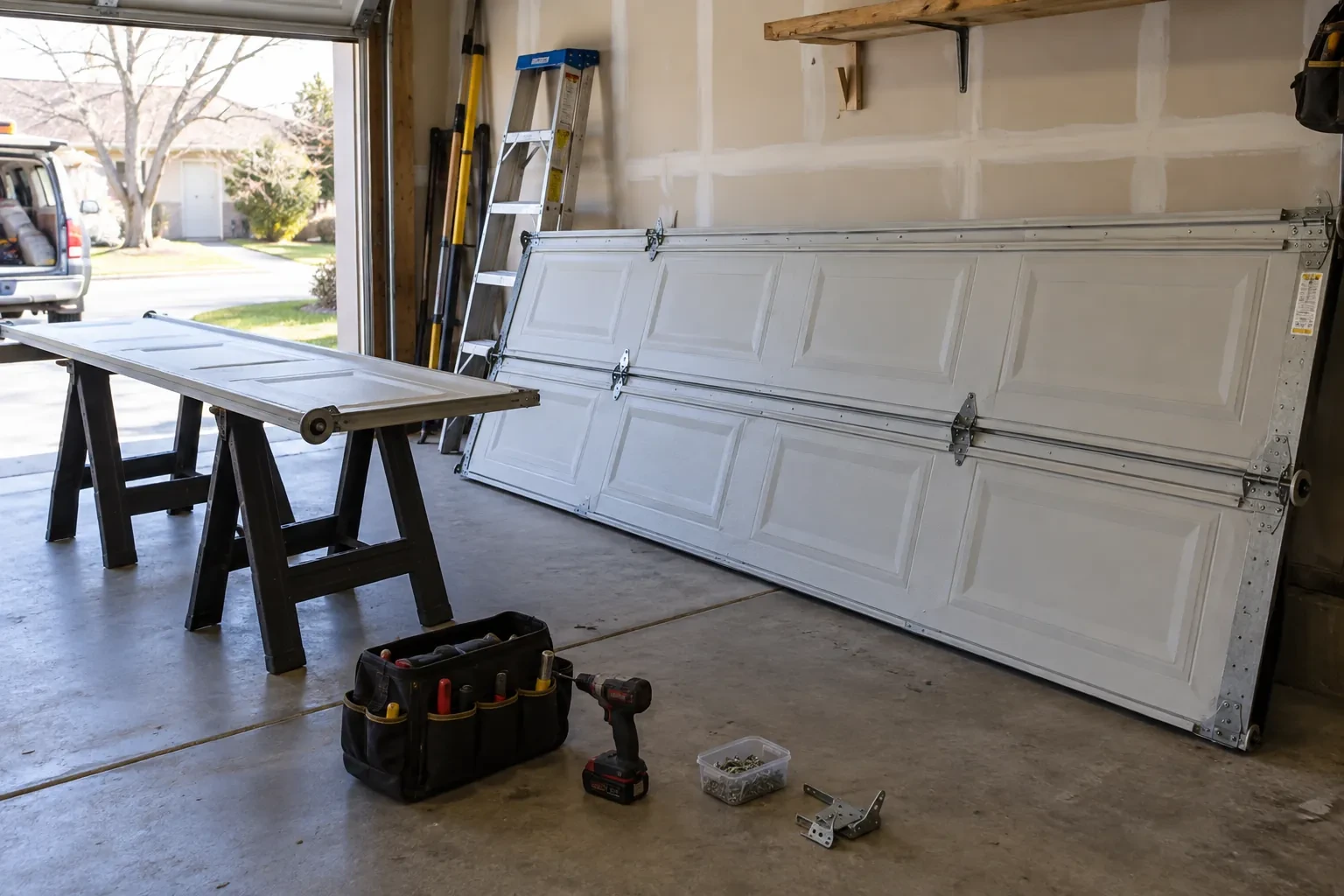 Paneled garage door leaning on its side against a wall, with one section on sawhorses and a tool bag on the floor.
