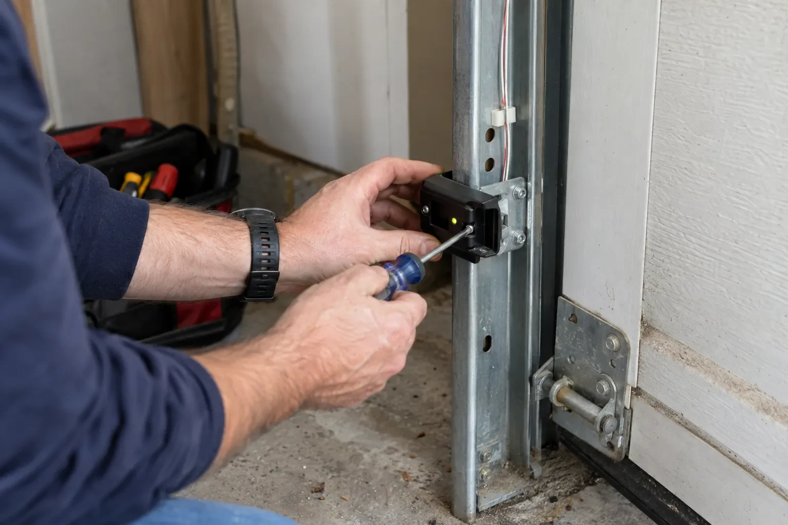 Hands using a blue-handled screwdriver on a small black box with a green light, mounted to a galvanized garage-door track. — Mineral Springs