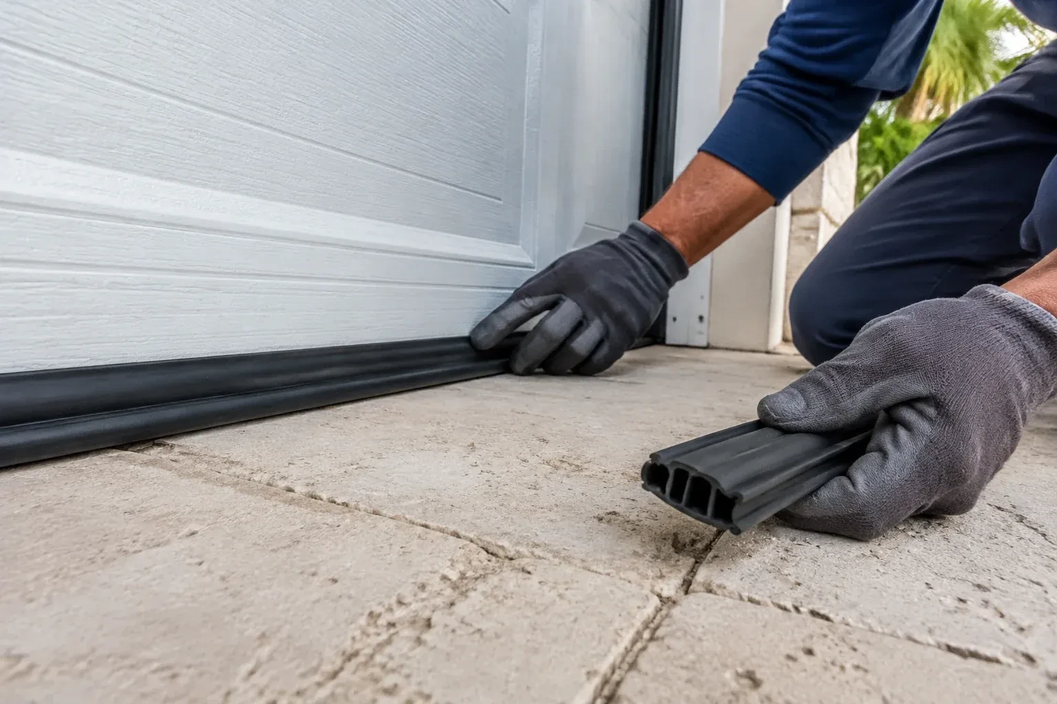 Gloved hands setting a black rubber seal along the base of a white garage door, holding a ribbed strip over paving stones. — Garage Door Bottom Seal Replacement, Oakhill