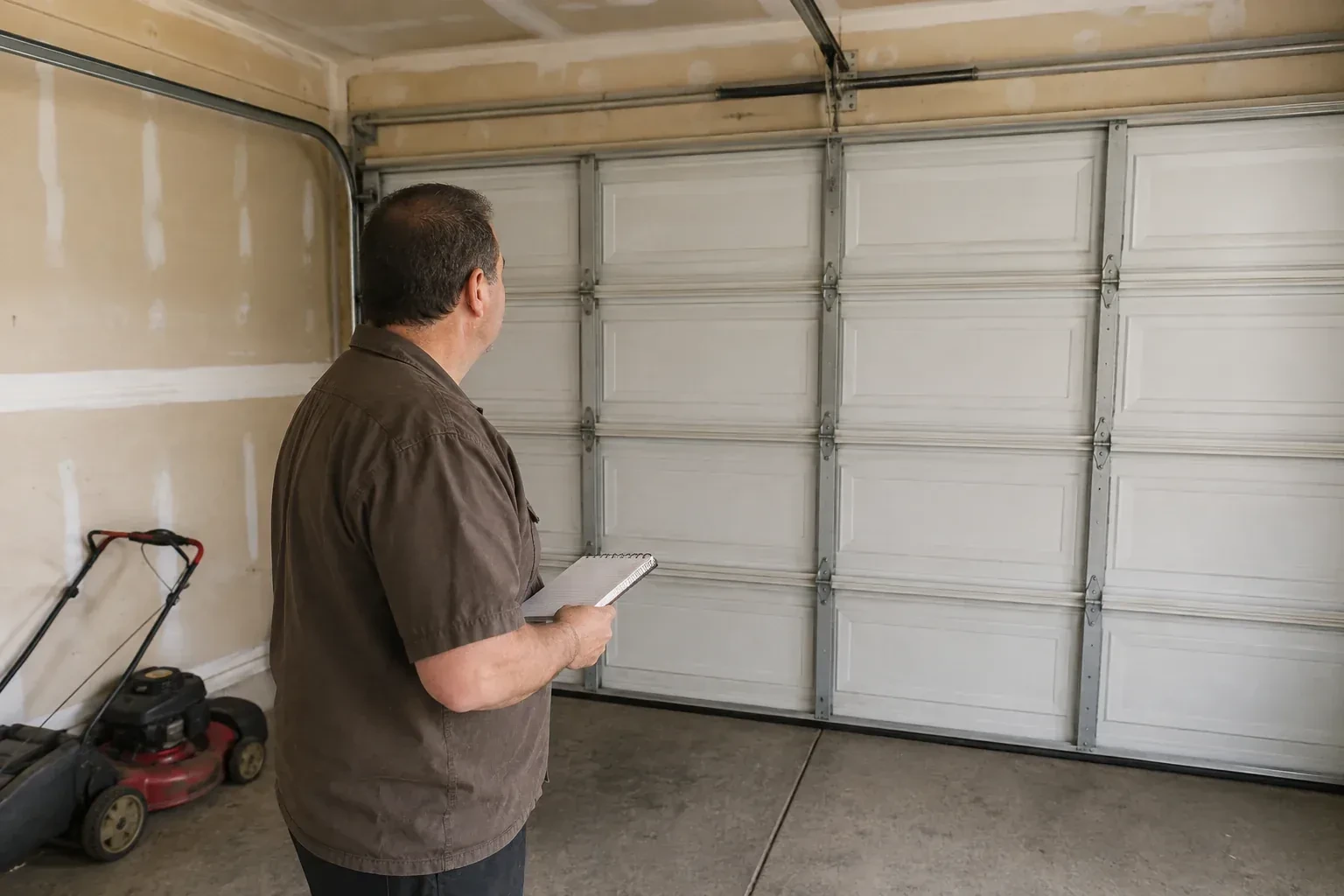 Technician holding a notebook while looking at a closed sectional door. — Garage Door Balance Adjustment, Hamilton