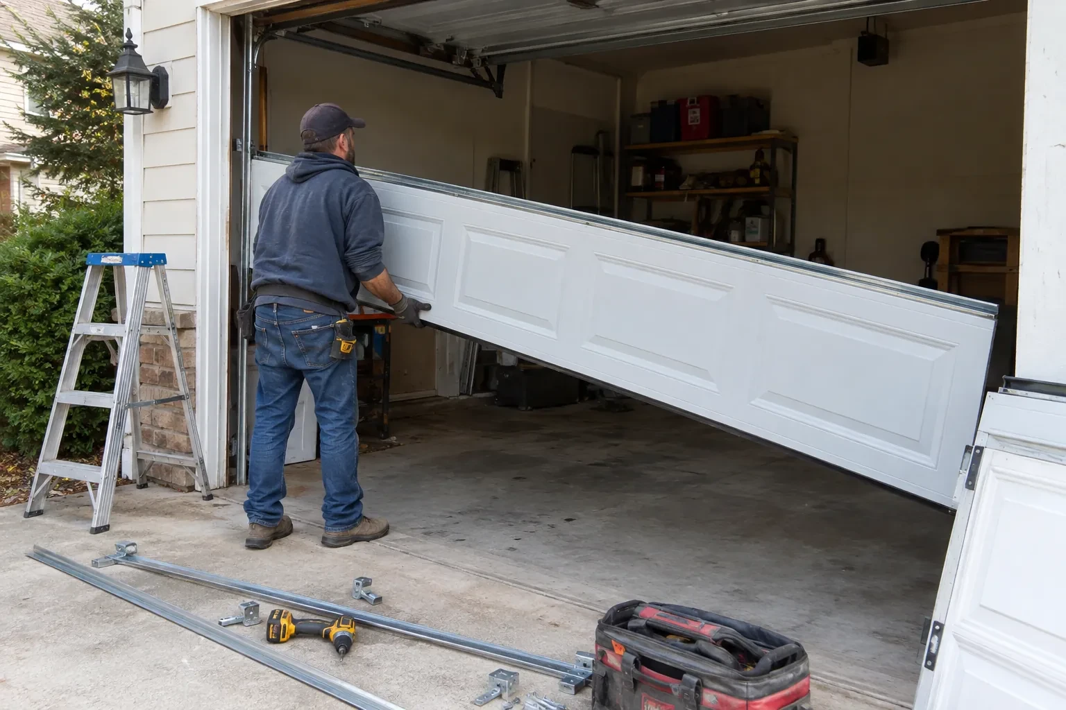 Person tilting a white paneled door section into the opening, beside metal track pieces, a drill and a tool bag. — Parkview Heights