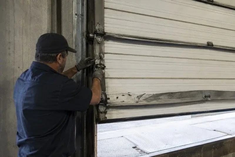Person holding tools at the side hinge of a partly raised industrial sectional door — Commercial Sectional Door Repair, Hamilton