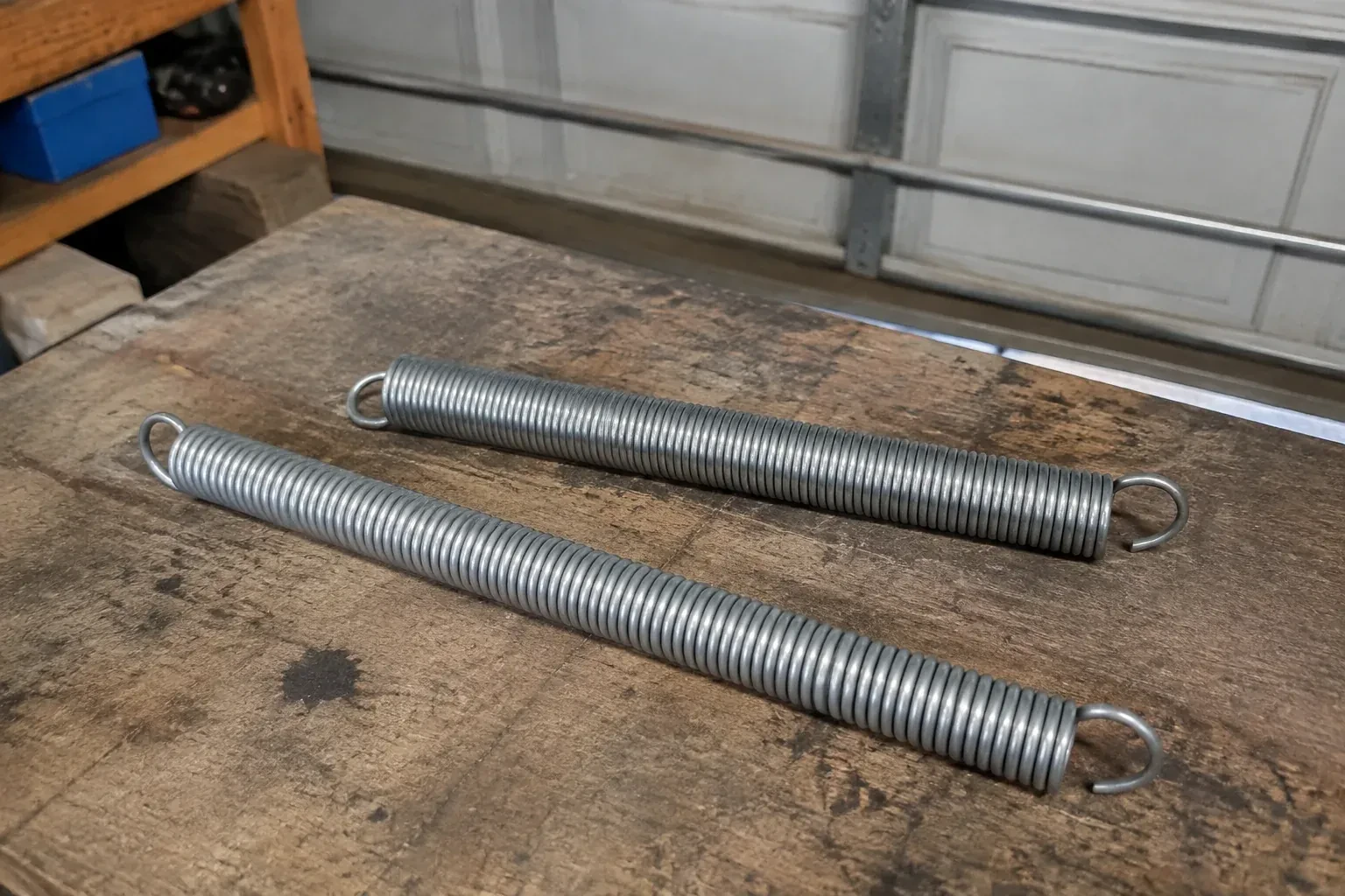 Two detached extension springs with hooked ends on a garage bench. — Extension Spring Replacement, Hamilton