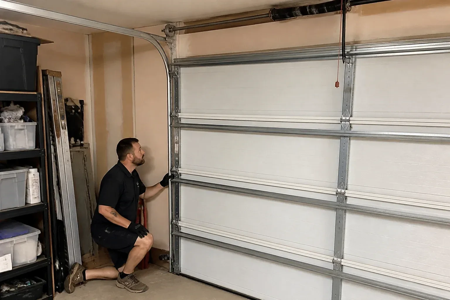 A person examines the vertical side track of a closed garage door. — Garage Door Track Repair or Replacement, Hamilton